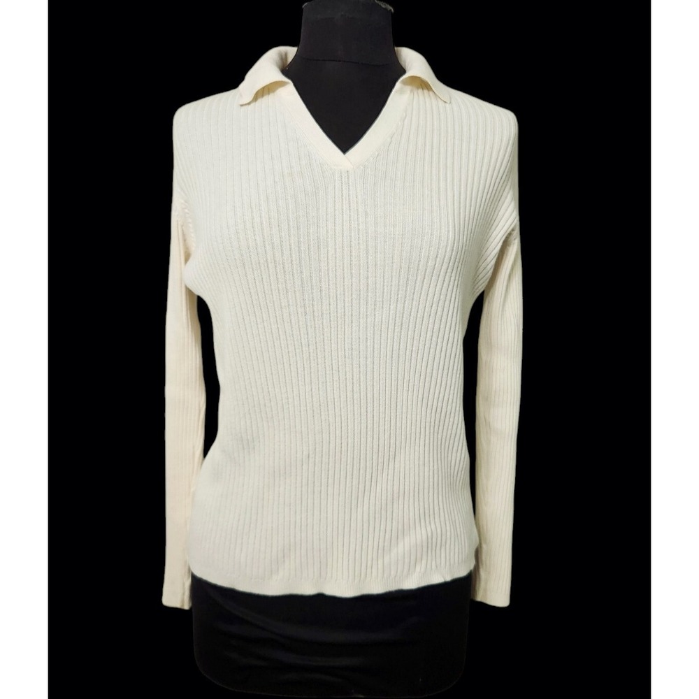 Josephine Chaus Sport Women's Ribbed Long‎ Sleeve V-Neck Collared Sweater Size M
